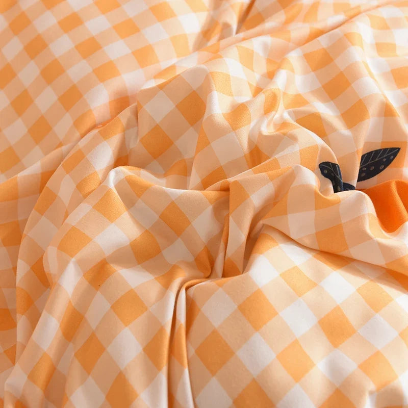 Ins Orange Checkerboard Duvet Cover Flat Sheet Pillowcases Twin Full Double Size Pink Blue Bedding Set