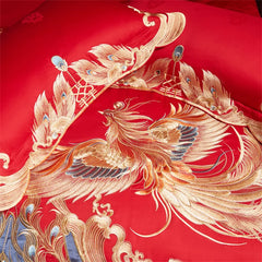 Chinese Style Wedding Gold Dragon Phoenix Embroidery Bedding Set
