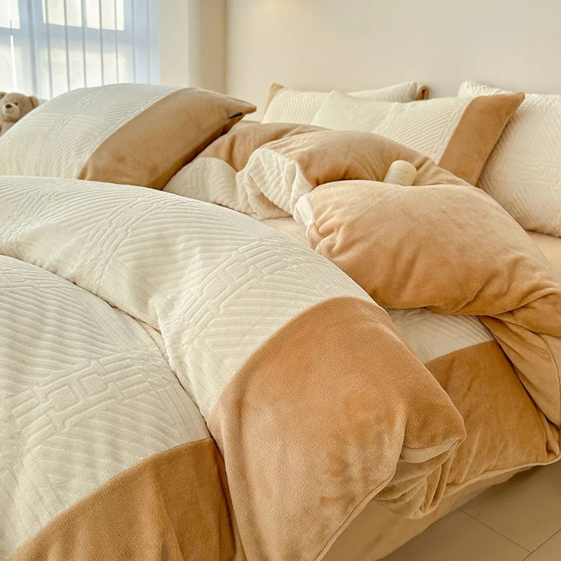 Winter Carved Milk Velvet Duvet Cover Set with Sheet and Pillowcase Thicken Bedding Set
