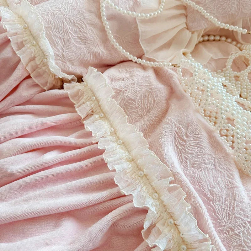 Pink Princess Style Pleated Lace Ruffles Carved Velvet Warm Soft Bedding Set