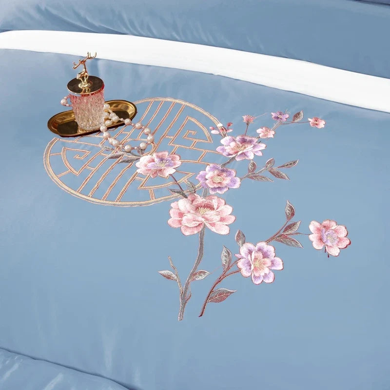100% Cotton Luxury Oriental Golden Geometric Pattern Flowers Embroidery Bedding Set