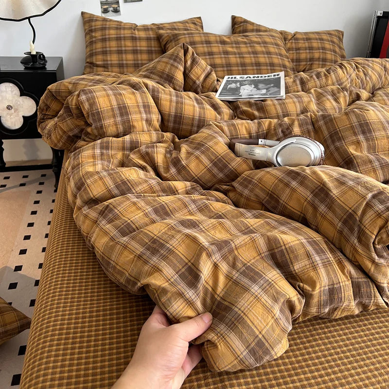 Korean Princess Plaid Duvet Cover Bed Sheet Pillowcases Set Bedding Set