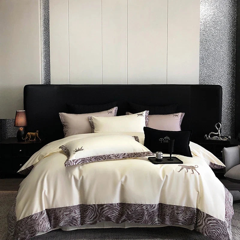 Premium 1000TC Egyptian Cotton Leopard Embroidery Luxury Bedding Set