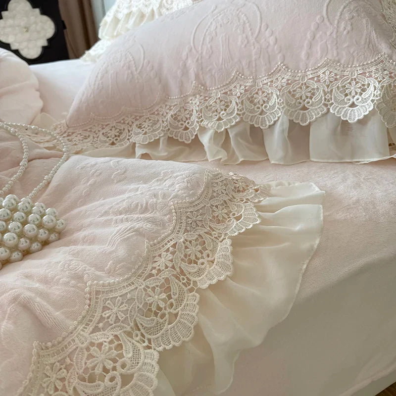 Pink Vintage French Lace Ruffles Carved Velvet Bedding Set
