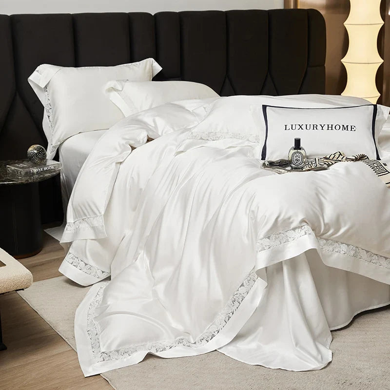 1000TC Lyocell Cotton Hollow Flowers Wide Edge Luxury Bedding Set