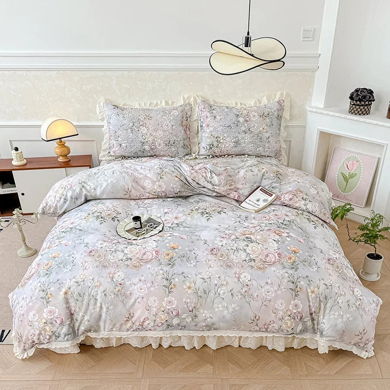 Korean Princess Style Floral Print Lace Ruffles Bedding Set