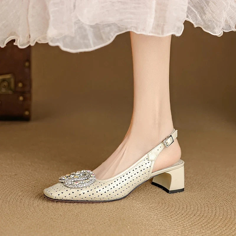 Breathable Hole Leather Cowhide Rhinestone Accessories with Loose Grip High Heels