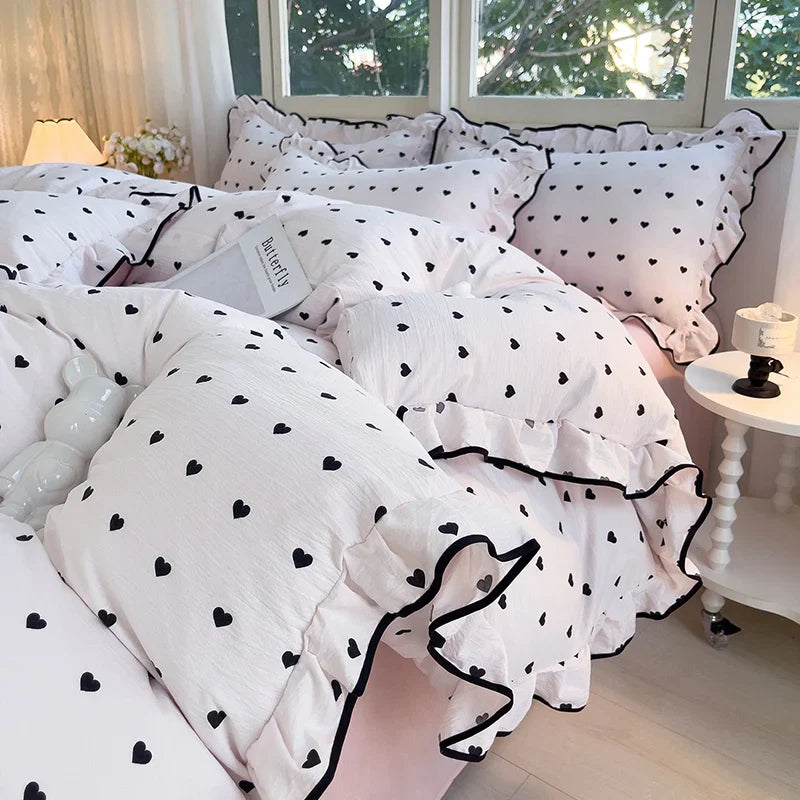Heart Print Duvet Cover Set Princess Style Lace Ruffles Bedding Set