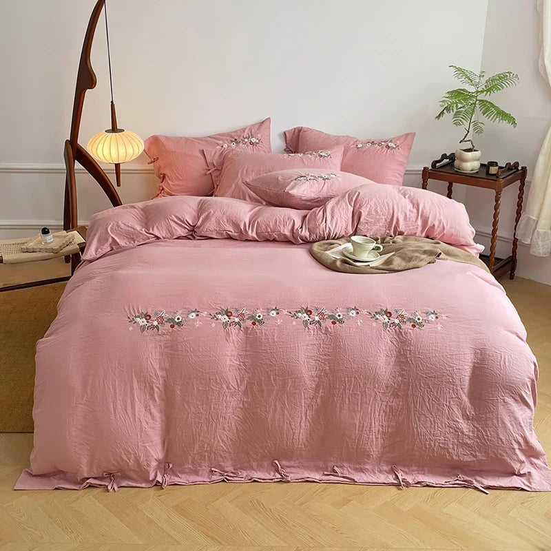 Vintage Floral Embroidered Lace-Up White Bedding Set