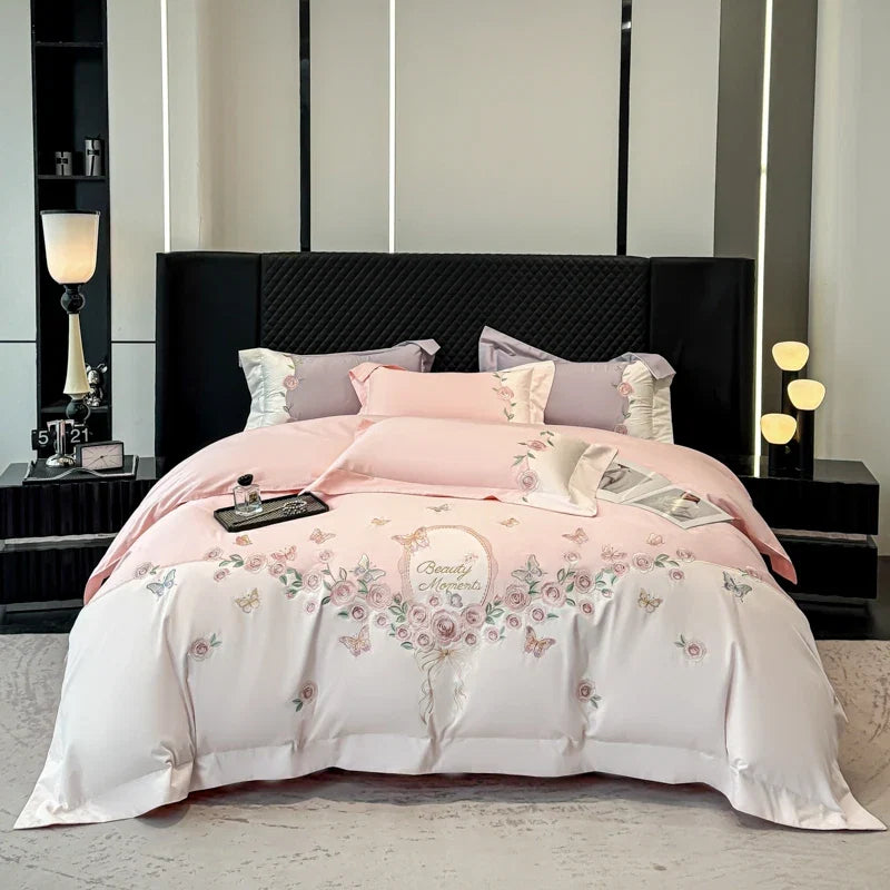 100% Cotton Rose Flowers Butterfly Embroidery Bedding Set