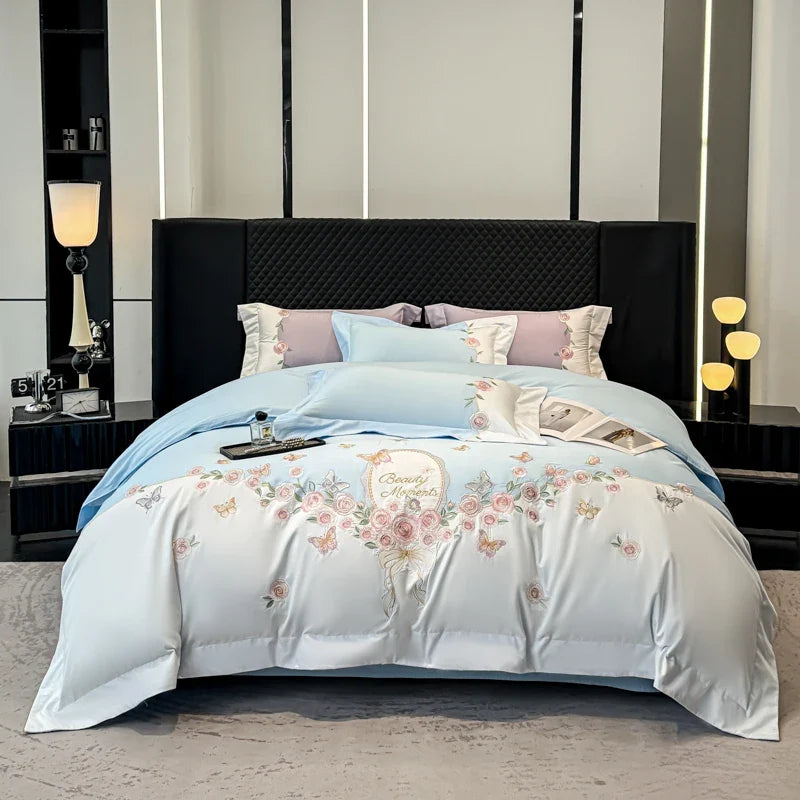 100% Cotton Rose Flowers Butterfly Embroidery Bedding Set