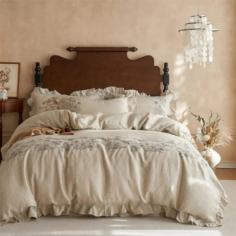 100% Pure Linen Flowers Embroidery Ruffles Luxury Queen King Size Bedding Set