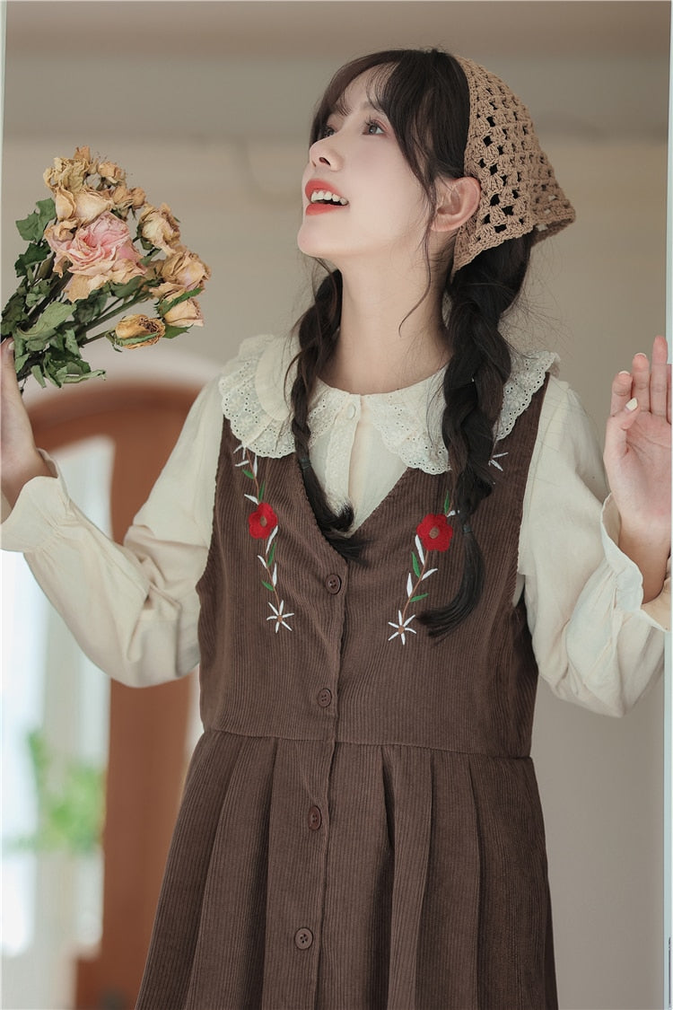 Meadow Petal Corduroy Flower Embroidered Cottagecore Dress