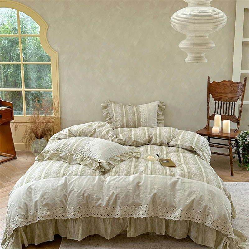 French Vintage 100% Cotton Lace Ruffles Floral Princess Bedding Set