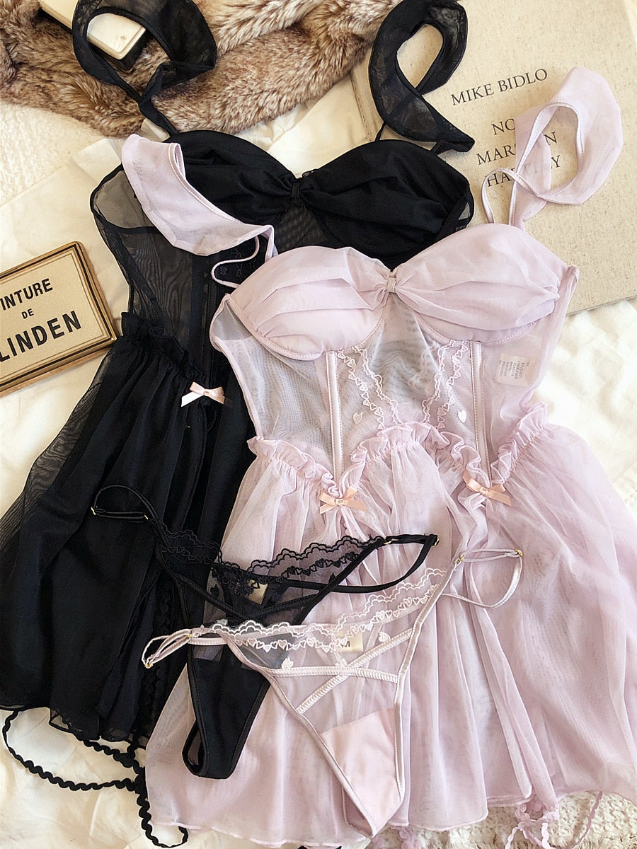 2-teiliges Nachthemd-Dessous-Set in Rosa/Schwarz