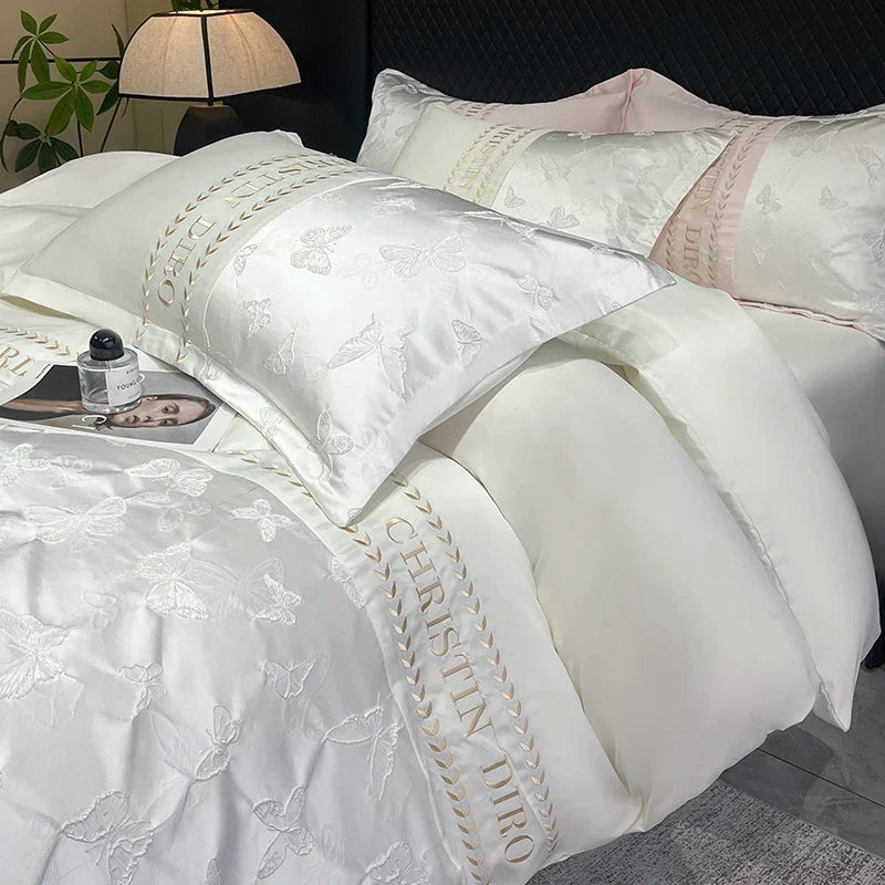 3/4Pcs White Luxury Egyptian Cotton Bedding Hotel Quality Washed Silk Cooling Queen Duvet Cover Summer Bedspreads Pillowcase