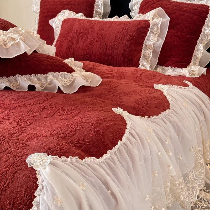 4Pcs French Princess Style Carved Velvet Warm Winter Bedding Set