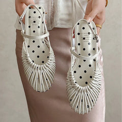 leather cowhide round toe hollow out comfortable breathable loose grip low Heel