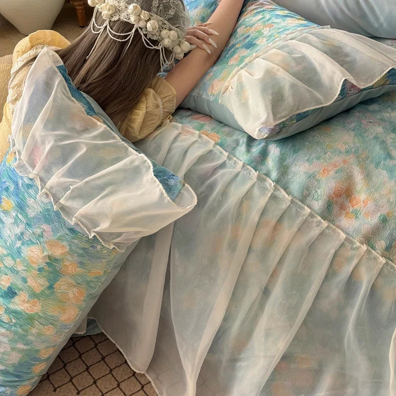 3/4Pcs French Princess Style Tencel Cotton Ice Silk Summer Cooling Comforter Set Blue Print Ruffle Bedding Set