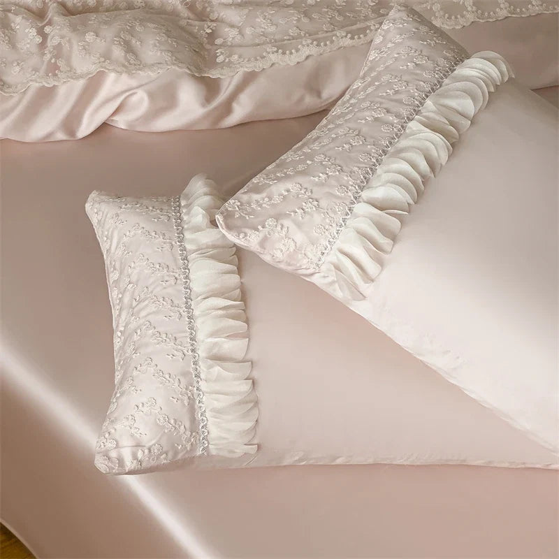 Princess Style Pink Floral Lace Embroidery 600TC Lyocell Bedding Set