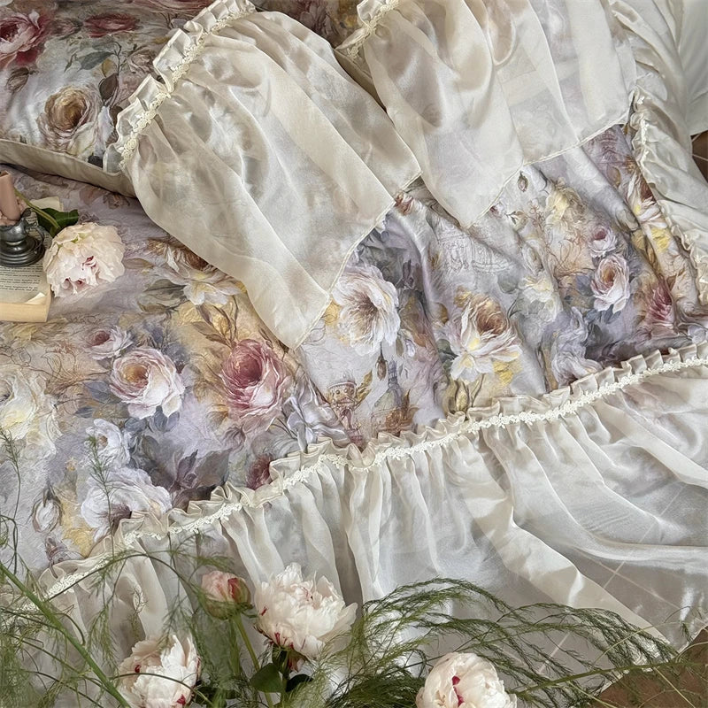 1000TC Egyptian Cotton Vintage Rose Flowers Prints Organza Ruffles Bedding Set