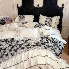 4Pcs French Vintage Princess Style Embroidered Chiffon Lace Ruffle Luxury Bedding Set