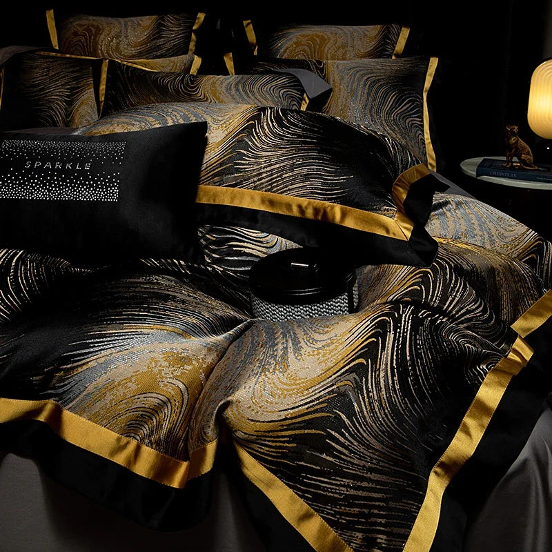 4Pcs Luxury Black Gold Brocade Jacquard Egyptian Cotton Patchwork Bedding Set