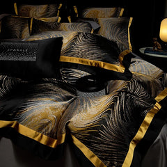 4Pcs Luxury Black Gold Brocade Jacquard Egyptian Cotton Patchwork Bedding Set