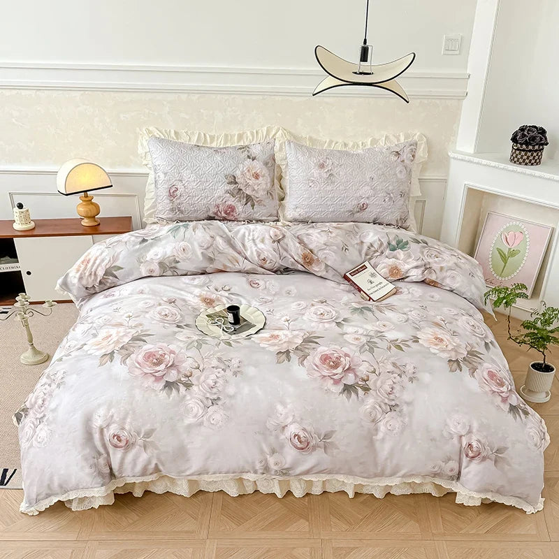 Korean Princess Style Floral Print Lace Ruffles Bedding Set