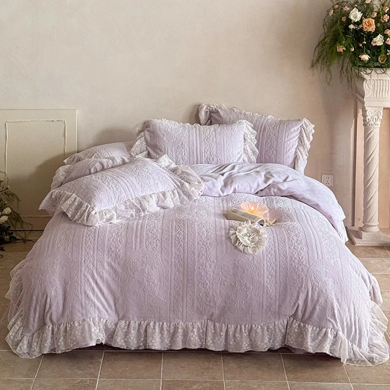 4Pcs French Princess Style Carved Velvet Warm Winter Thickened Bedding Set