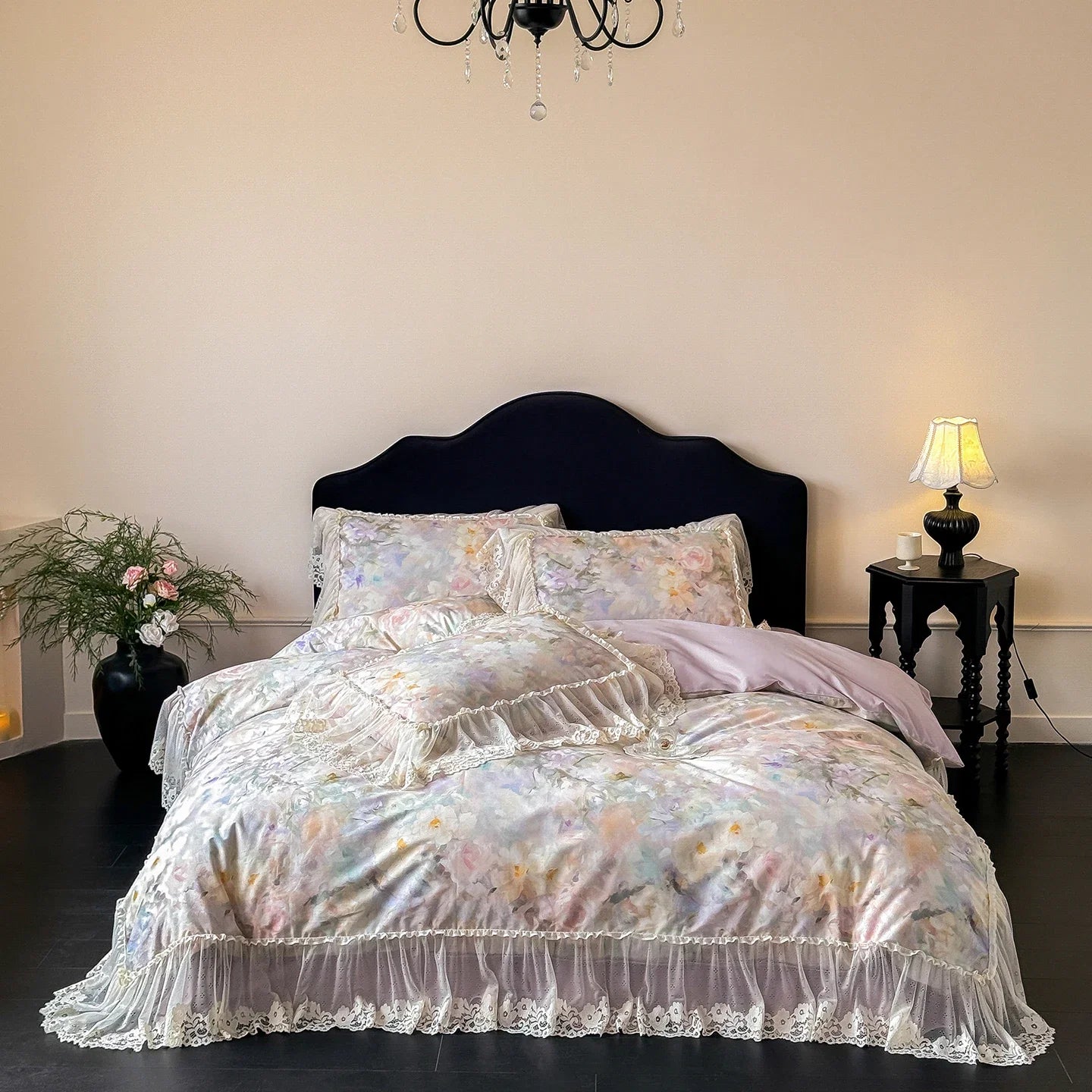 100% Cotton Lace Ruffle Bed Skirt Set Vintage Floral Print Bedding Set
