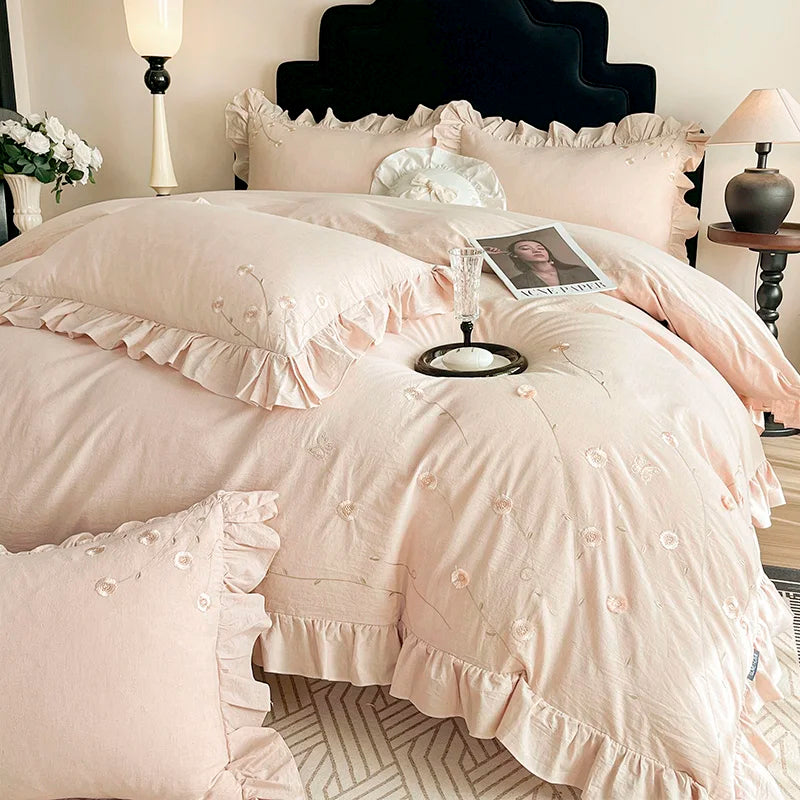 Chic Flowers Embroidery Ruffles Luxury Bedding Set