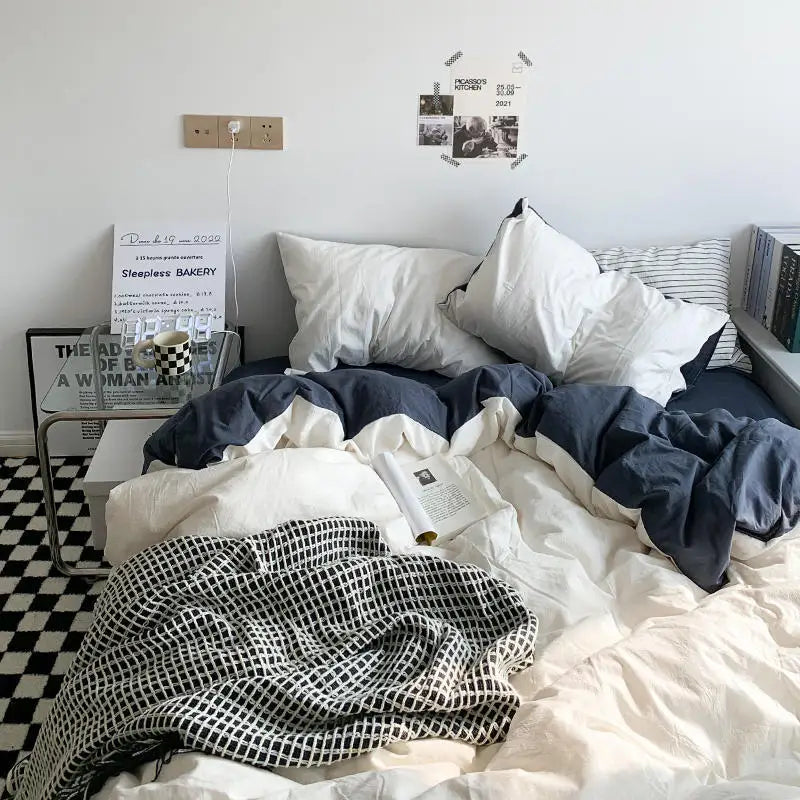 Solid Duvet Cover Set with Sheet Pillowcases Korean Comforter Cover Bed Linen Twin Full Queen Size Grid Home Bedding Set