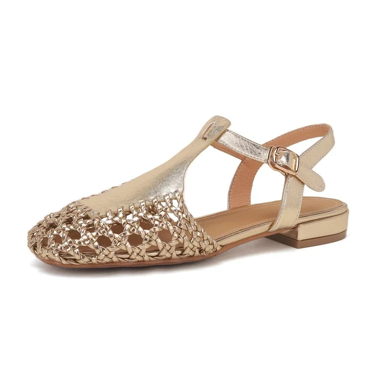 Square Head Cowhide Woven Hollow Out Comfortable and Breathable Low Heel