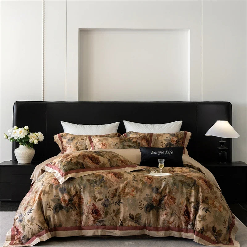 Premium 1000TC Egyptian Cotton Flowers Prints Oil Painting Style Bedding Set