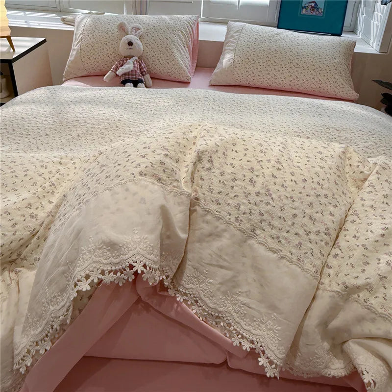 3/4Pcs Korean Princess Style Floral Ruffles Soft Bedding Set