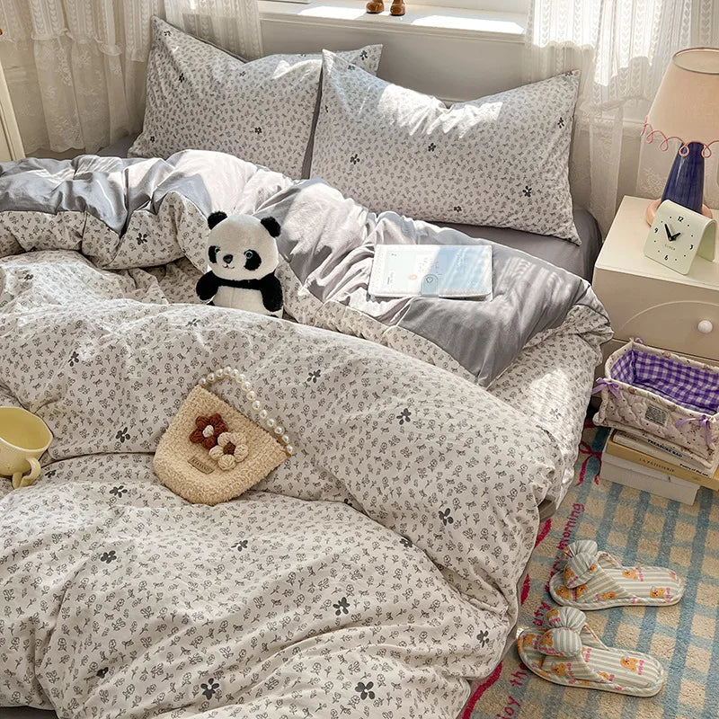 Japanese Floral Printed Duvet Cover Set Twin King Soft Homestay Bedding Set