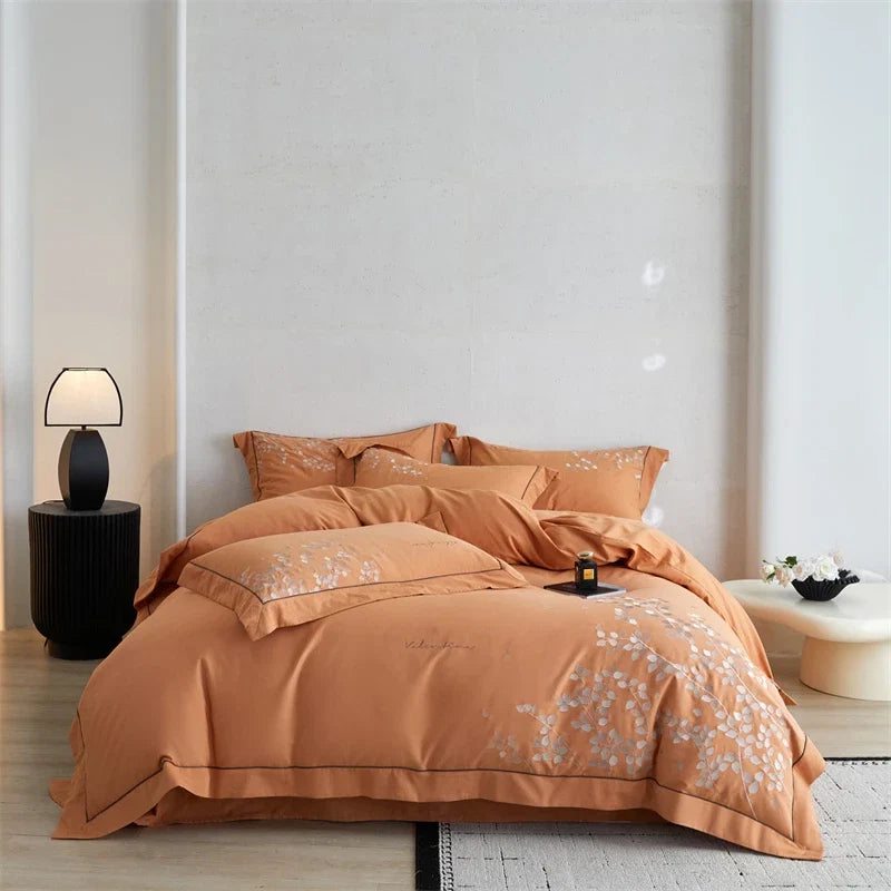100% Cotton Brushed Autumn Winter Luxury Leaf Embroidery Bedding Set