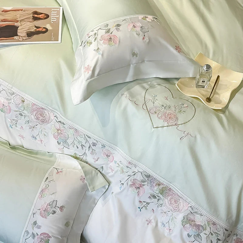 100% Cotton Chic Flowers Embroidery Luxury Double Queen King Size Bedding Set