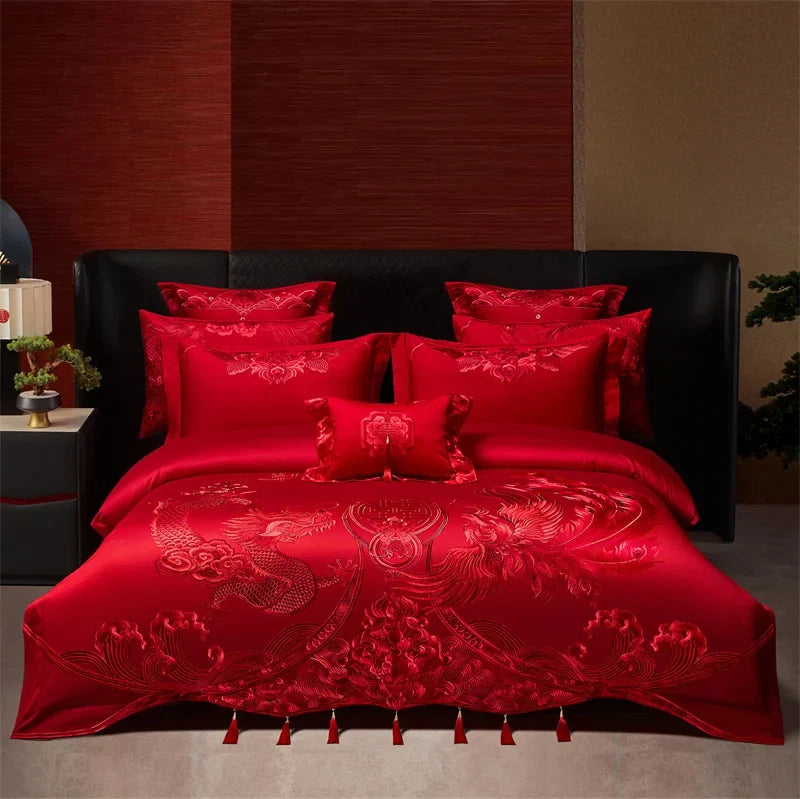 Luxury Chinese Style Wedding Dragon Phoenix Embroidery Red Bedding Set