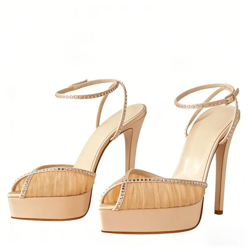 white Mesh Pleated platform Wedding Shoes