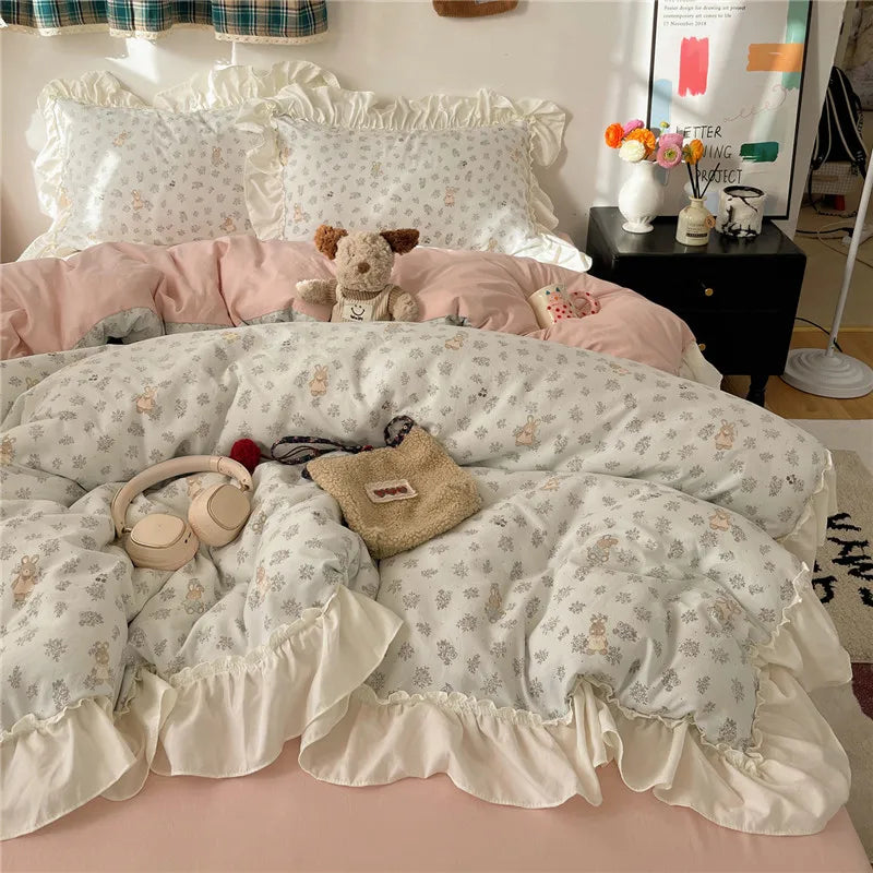 3/4Pcs Korean Princess Style Floral Ruffles Bedding Set