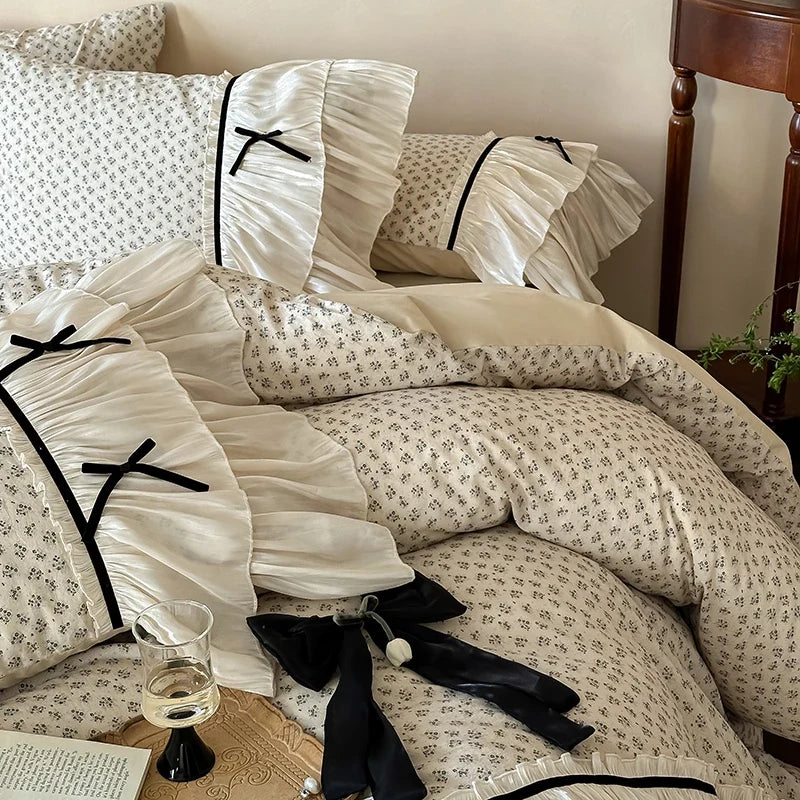 Vintage French Floral Three Layer Ruffles Bow Girl Bedding Set