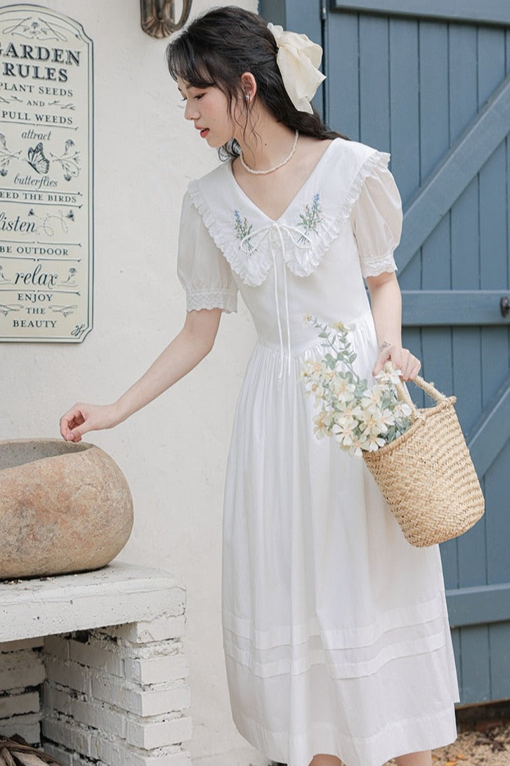 Heidi Flower Embroidered White Cottagecore Dress