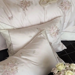 Pink Bouquet Flowers Embroidery Lace-Up Princess Bedding Set