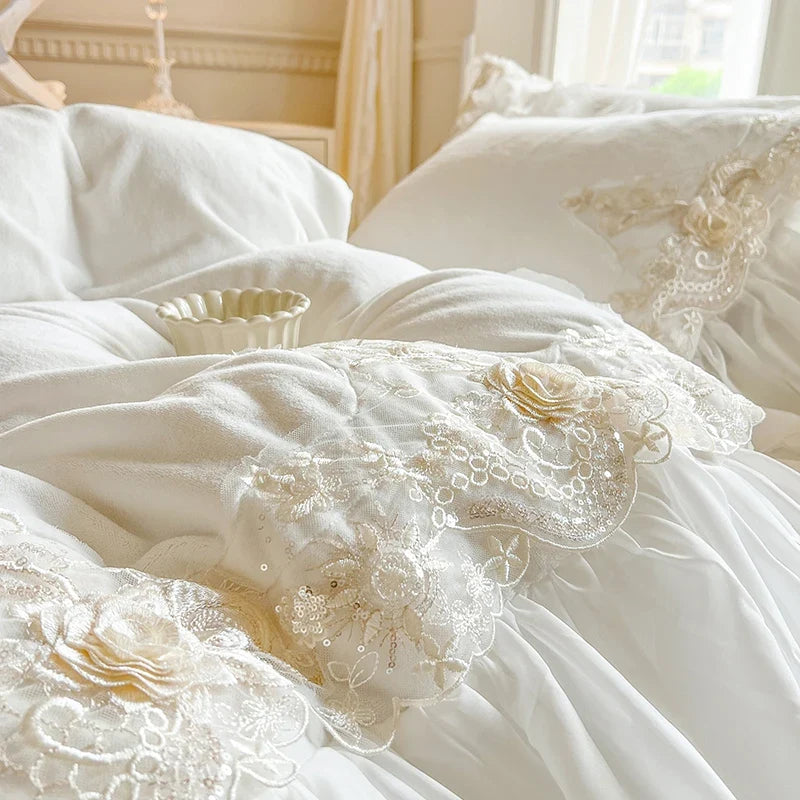 4Pcs Elegant Lace Rose Embroidery Milk Velvet Bedding Sets