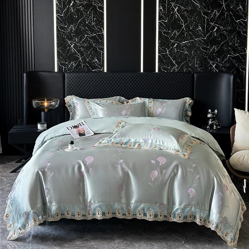 Luxury Euro Gold Satin Jacquard Lace Bedding Set