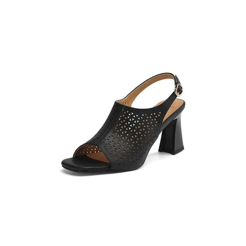 cowhide hollow out breathable open toe thick Heel