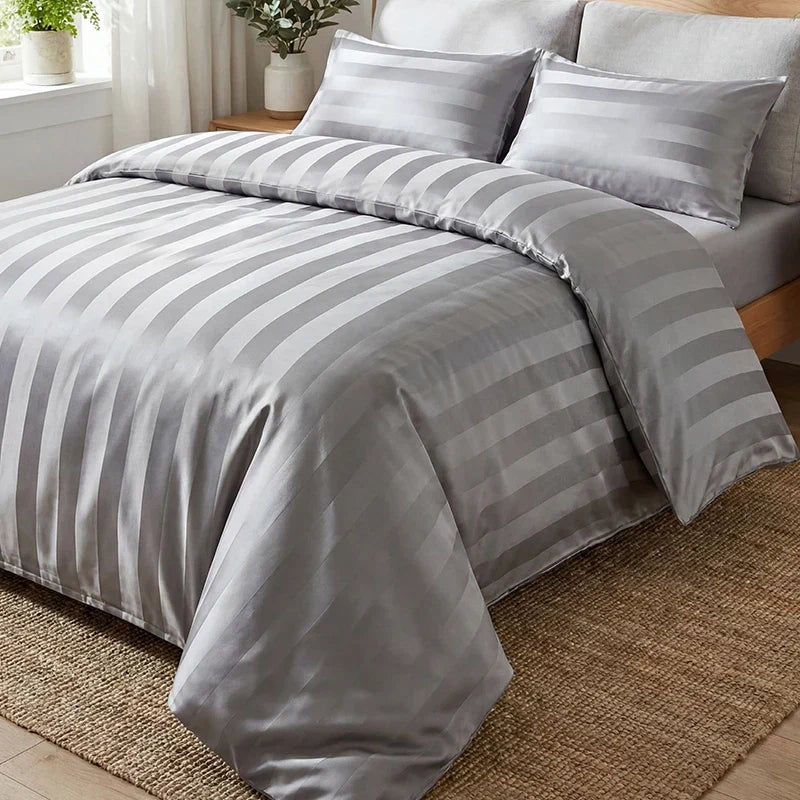 Luxury Black Satin Striped Duvet Cover Set, Silky Jacquard Vertical Stripe Bedding with Duvet Cover and Pillow Cases 2/3Pcs