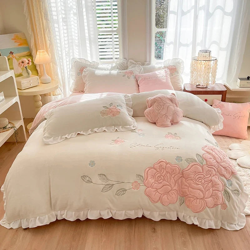 Flowers Embroidery Ruffles Velvet Soft Bedding Set